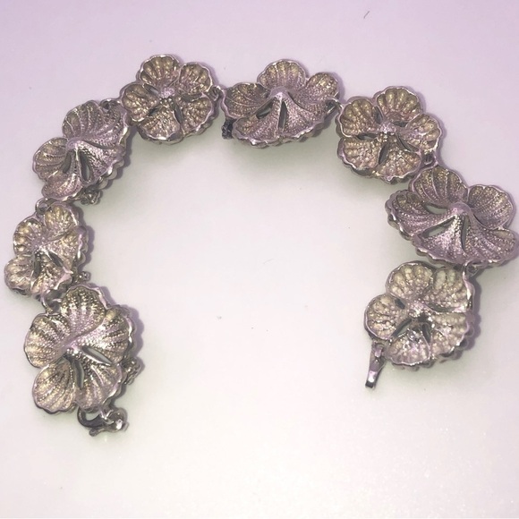 VTG Sterling Hibiscus Flower Link Floral Hawaiian Fetish Bracelet 8” / HEAVY 39g - Picture 5 of 10